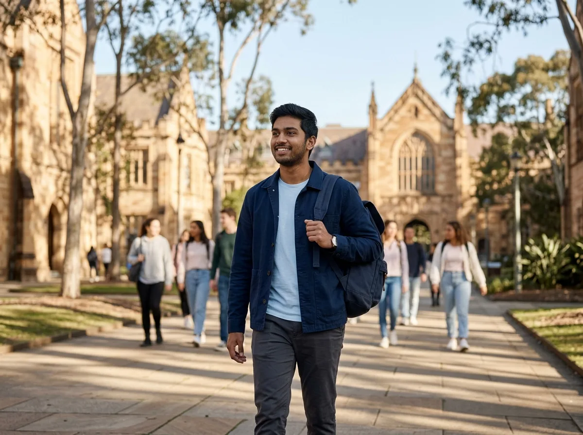 A student walking across a university campus in the morning sun