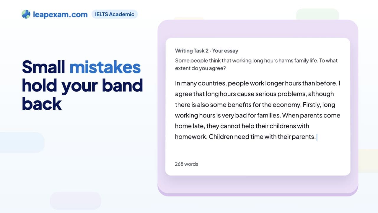 A Writing Task 2 essay gets its band, then Jana marks each mistake and its fix.