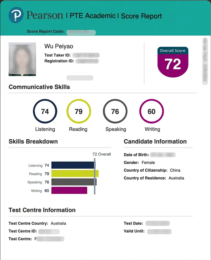 PTE Academic score report for Wu Peiyao. Overall 72. Listening 74, reading 79, speaking 76, writing 60.