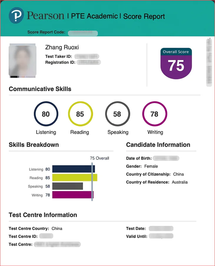 PTE Academic score report for Zhang Ruoxi. Overall 75. Listening 80, reading 85, speaking 58, writing 78.