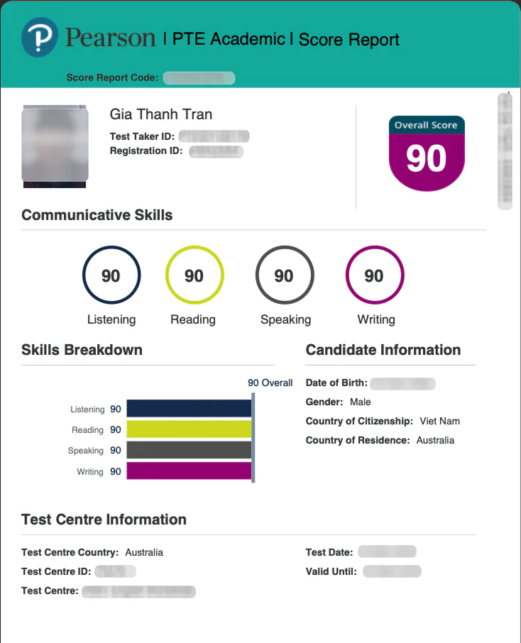 PTE Academic score report for Gia Thanh Tran. Overall 90. Listening 90, reading 90, speaking 90, writing 90.