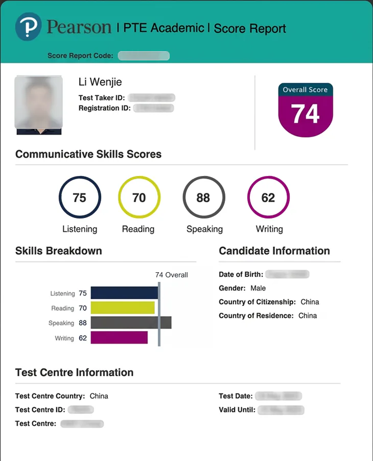 PTE Academic score report for Li Wenjie. Overall 74. Listening 75, reading 70, speaking 88, writing 62.