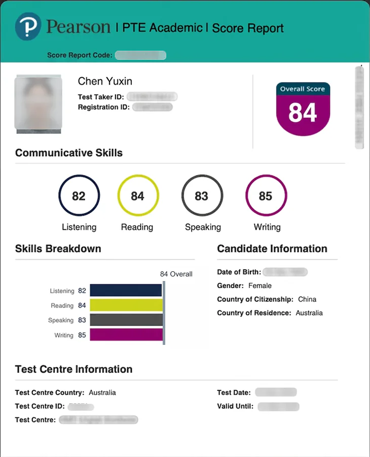 PTE Academic score report for Chen Yuxin. Overall 84. Listening 82, reading 84, speaking 83, writing 85.