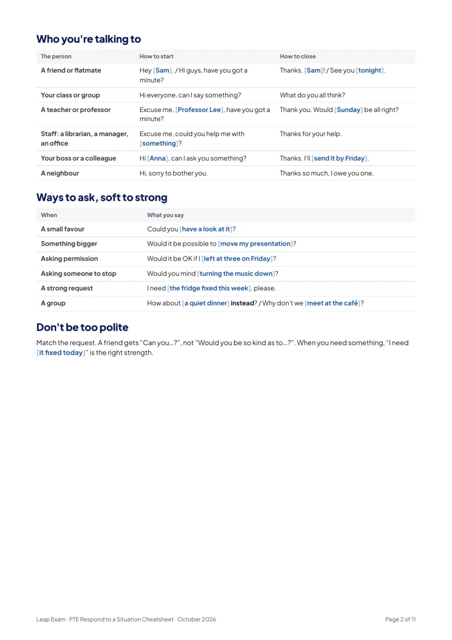 Page 2 of the Respond to a Situation template PDF