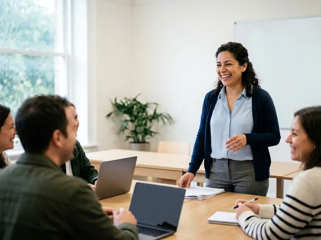 A teacher laughing with her class of adult students