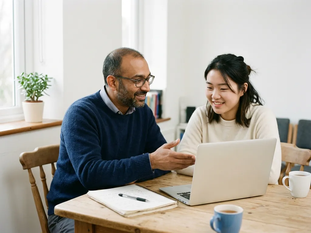 A tutor and his student smiling together at a laptop