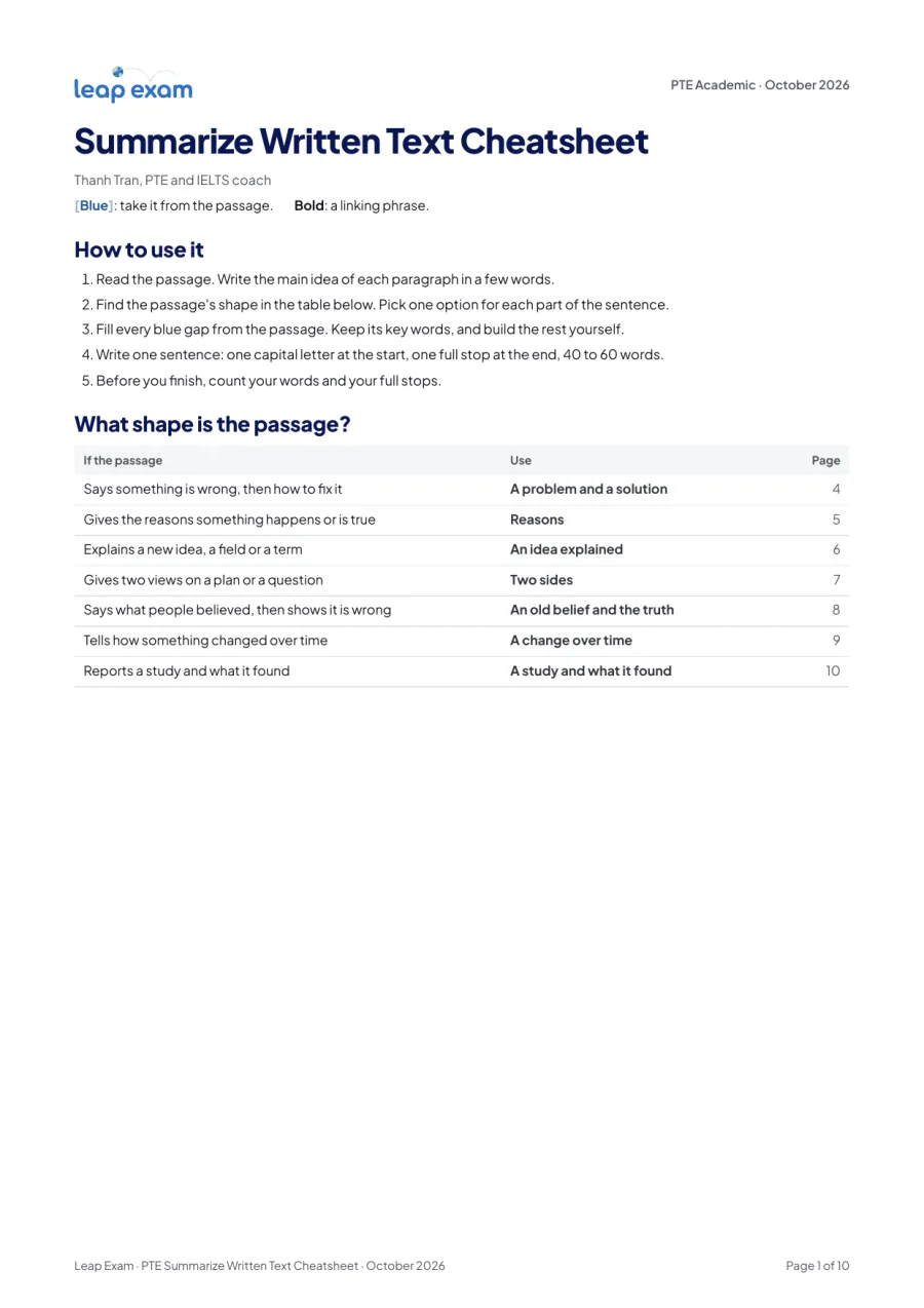 The first page of the Summarize Written Text template PDF