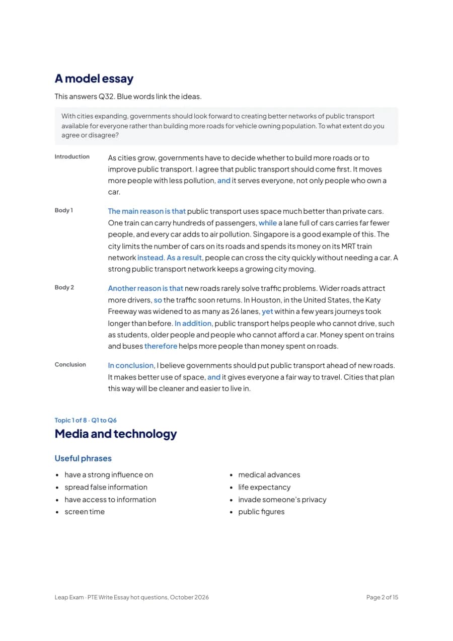 Page 2 of the PTE essay questions, October 2026 PDF