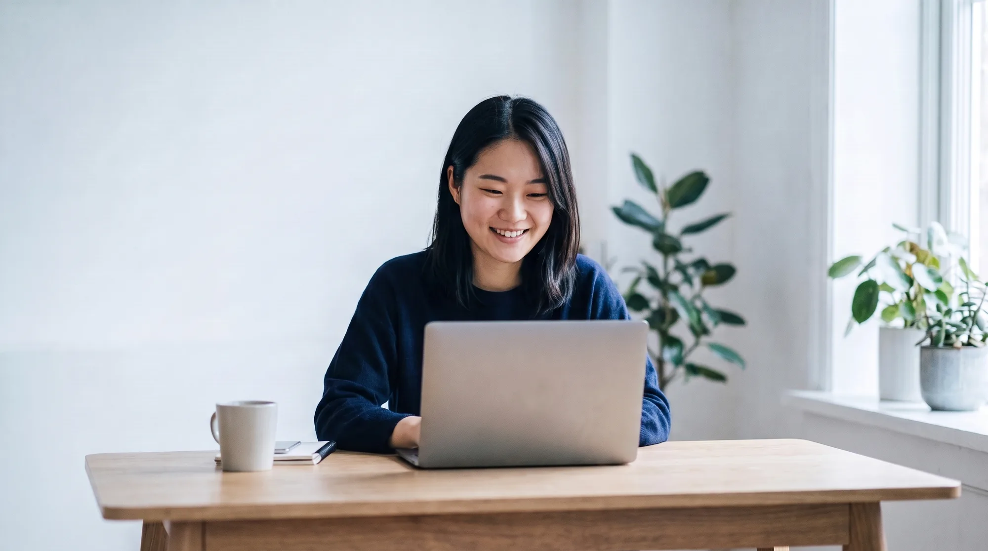 A student at a laptop by a window taking the PTE exam, smiling at her result