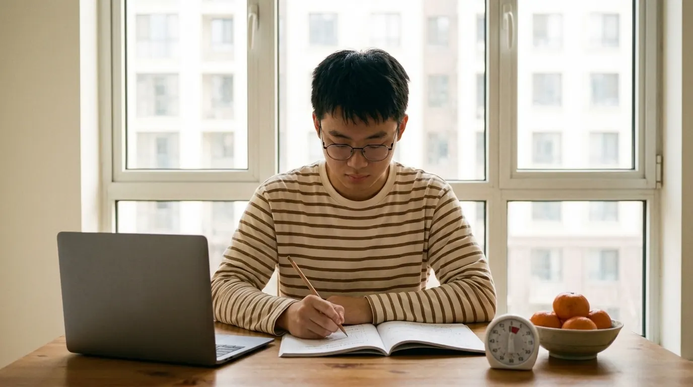 A student working through a practice test booklet at his dining table