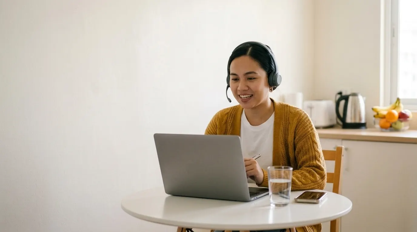 A student in a headset practising PTE speaking at her kitchen table