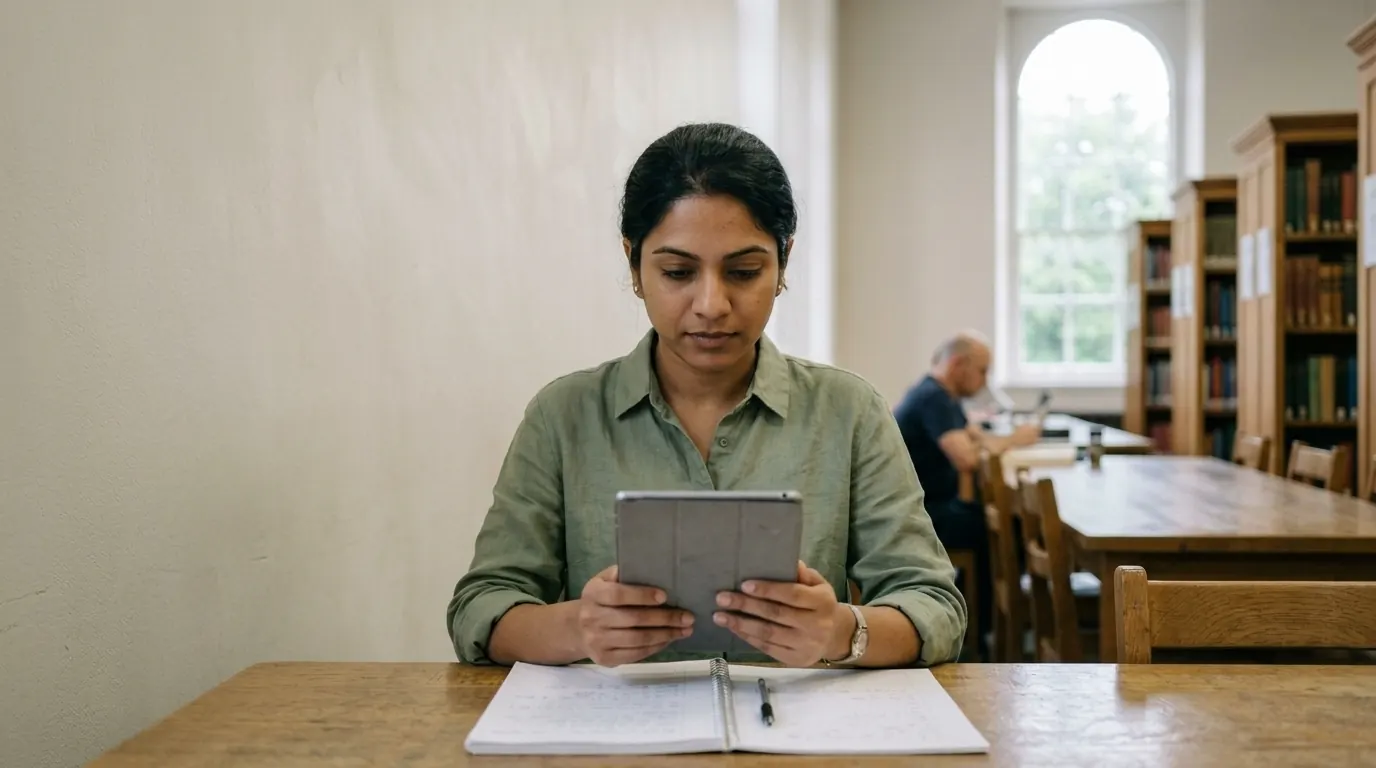 A student reading from a tablet at a library table